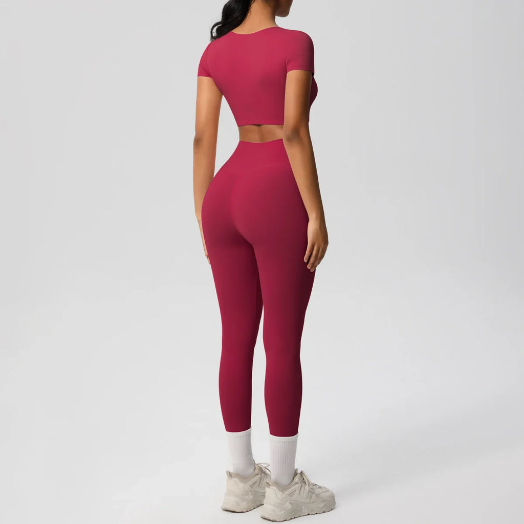 Yoga Set for Women Fitness Sportswear with Short Sleeve Top and High Waist Leggings