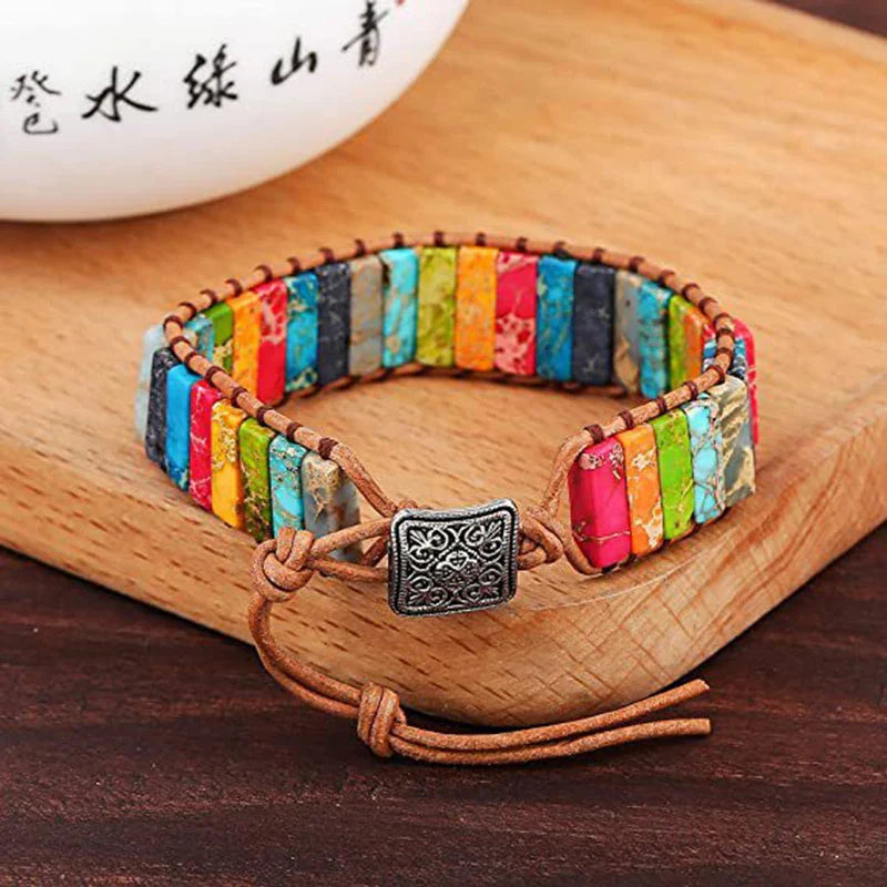 Bohemian Multicolor Chakra Healing Bracelet with Rectangular Stones and Leather Rope Woven Design