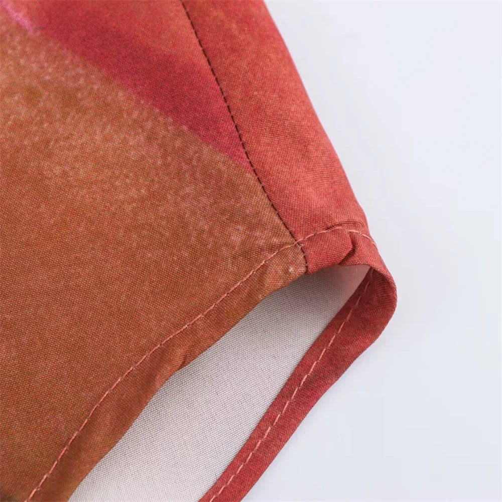 Spring Collar Long Sleeve Single Breasted Women's Casual Shirt with Geometric Print and Silk Texture