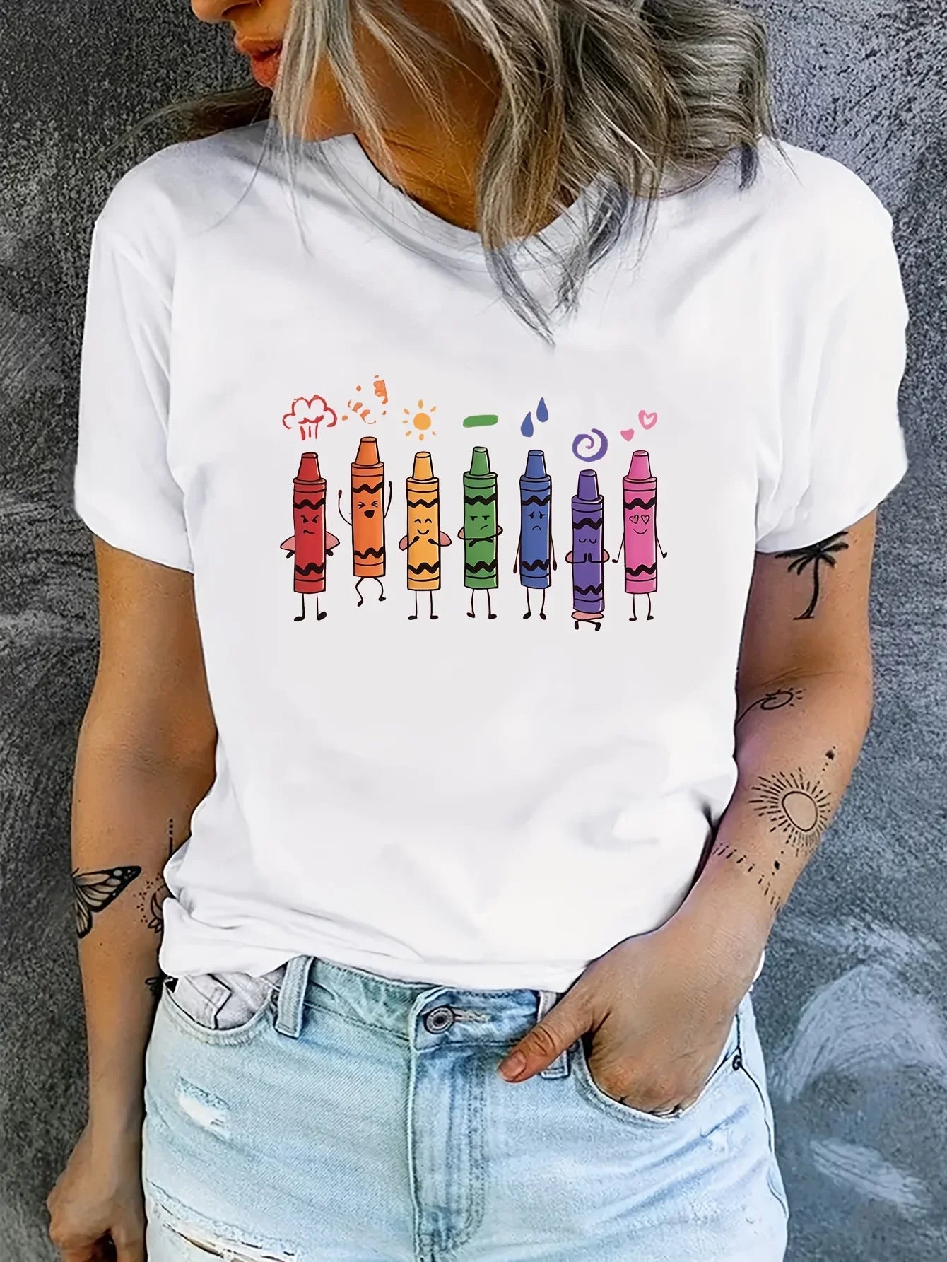 Crayon Print Short Sleeve T-Shirt Casual Crew Neck Summer Top