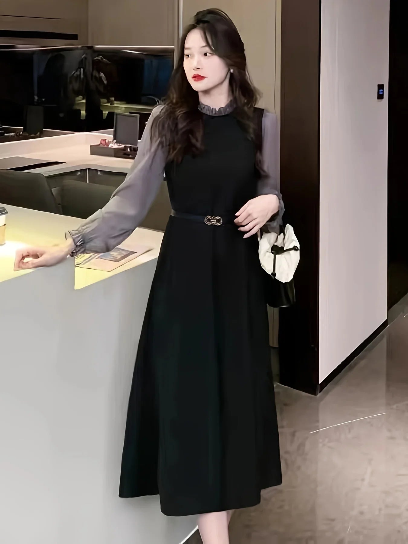 Color Block Dress Lettuce Trim Long Sleeve Midi Womens