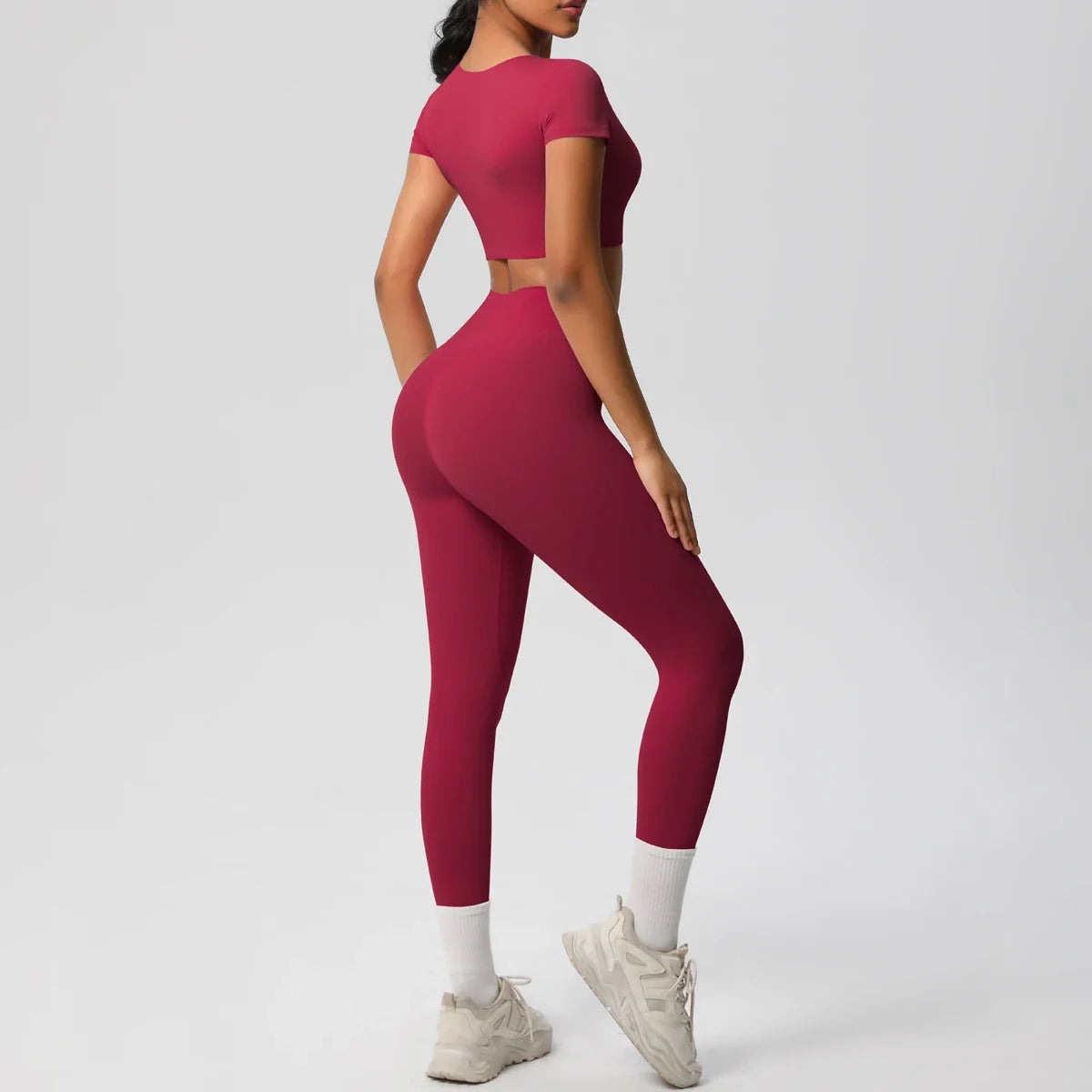 Yoga Set for Women Fitness Sportswear with Short Sleeve Top and High Waist Leggings