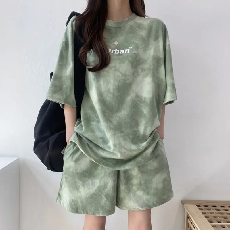 2Piece Women's Tie Dye T-Shirt and Wide Leg Shorts Set Casual Loose Fit Soft Summer Outfit with Pockets