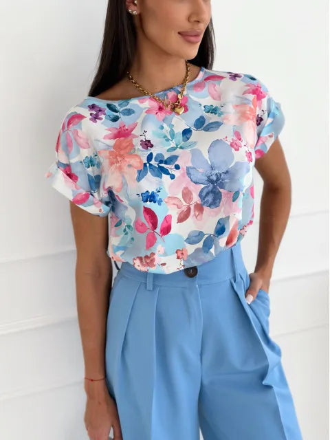 Casual Summer Short Sleeve Pleated Patchwork Blouse Elegant Office Lady Chic Shirt Stylish Slim Tops Streetwear