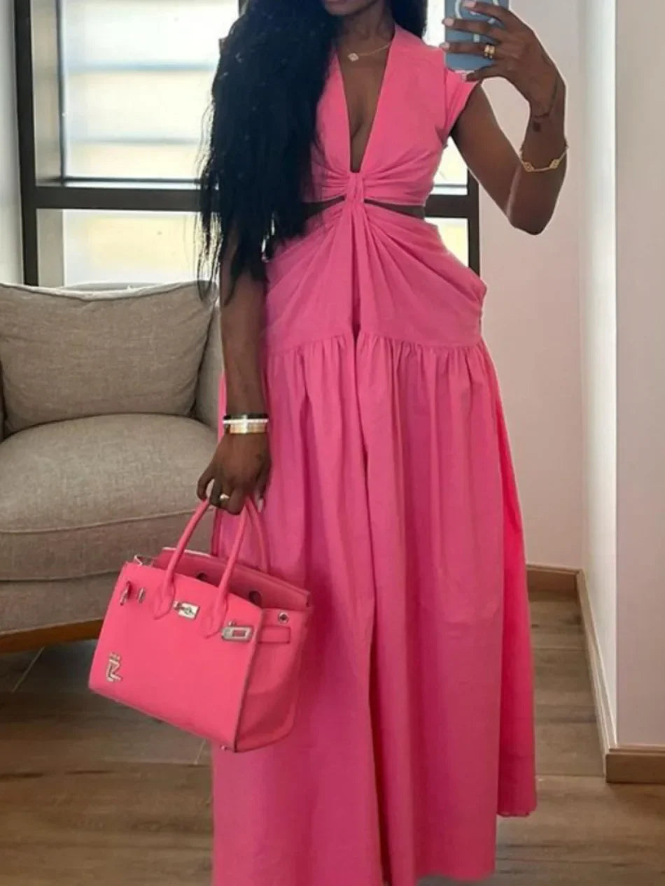 Beach Maxi Dress V Neck Sleeveless Lace Up Solid Color