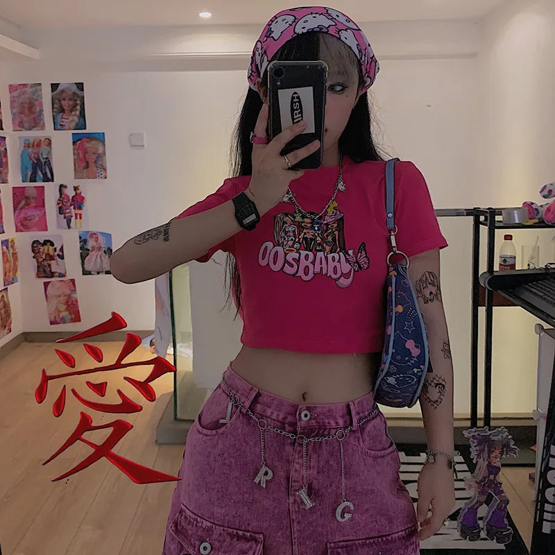Y2K Summer Gothic Slim Fit Women Crop Top Punk Grunge Streetwear Tee