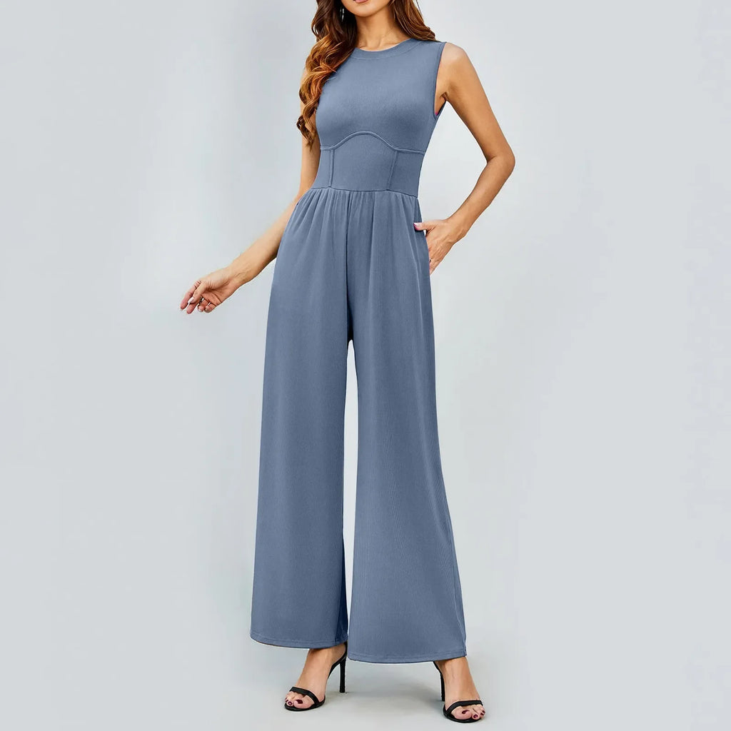 Women Sleeveless High Neck Ribbed Tank Top Jumpsuit Wide Leg Pants Romper with Tummy Control and High Waist Casual Summer Outfit