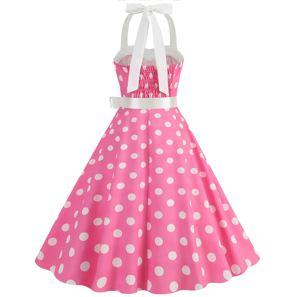 Ladies Vintage Polka Dot Backless Lace Up Swing Dress