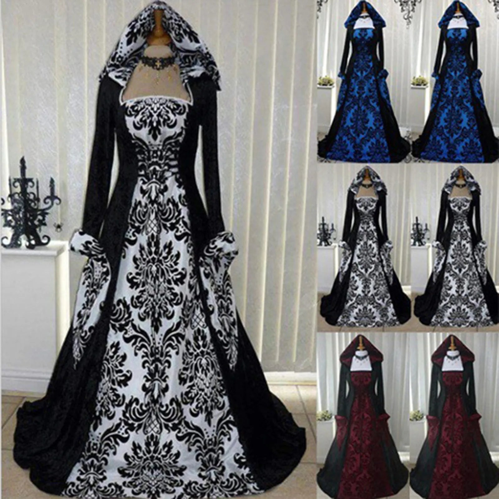 Gothic Hooded Vintage Dress Embroidered Long Sleeve