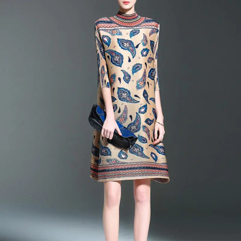 Retro Pleated High Neck Plus Size Dress For Women Casual