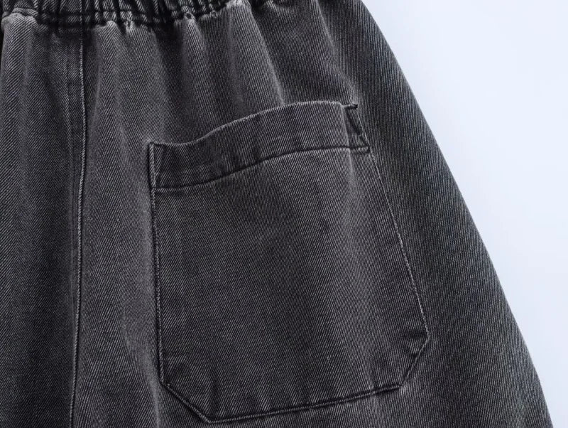 Casual Open Collar Pocket Denim Top and Loose Wide Leg Drawstring Waist Denim Pants Two Piece Set for Women