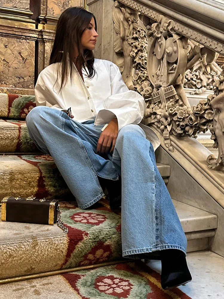 White Chiffon Shirt for Women with Lapel Collar Lantern Sleeves Single Breasted Irregular Hem Loose Fit Blouse Elegant Casual Top