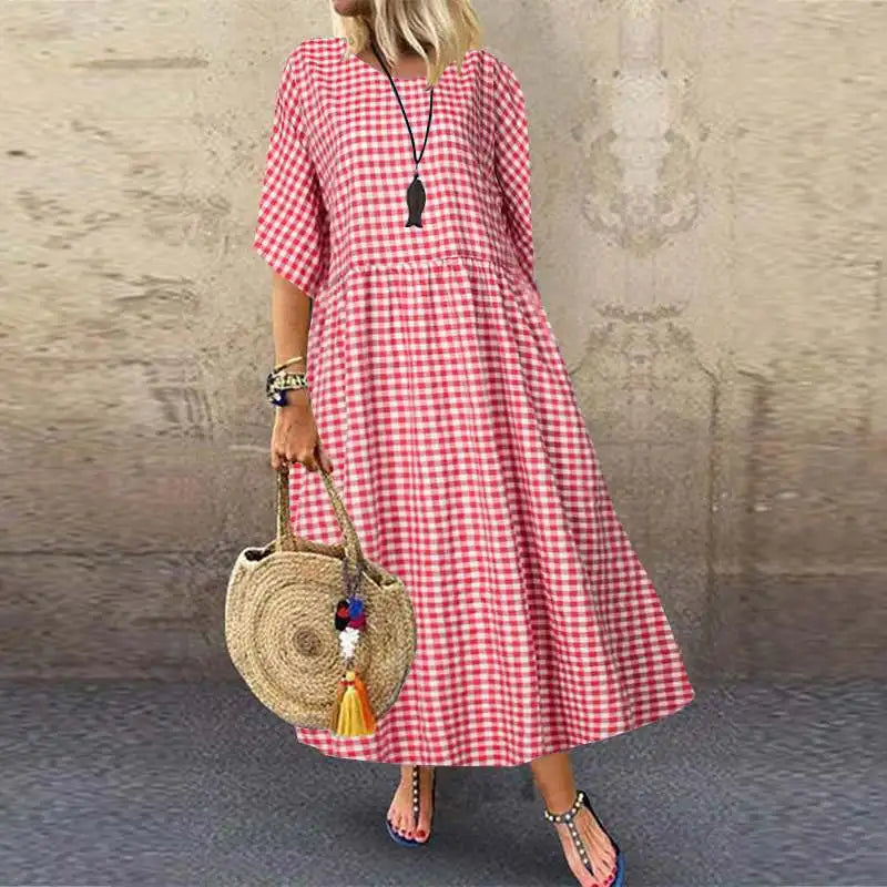 Bohemian Maxi Dress for Women Plaid Print Loose A Line