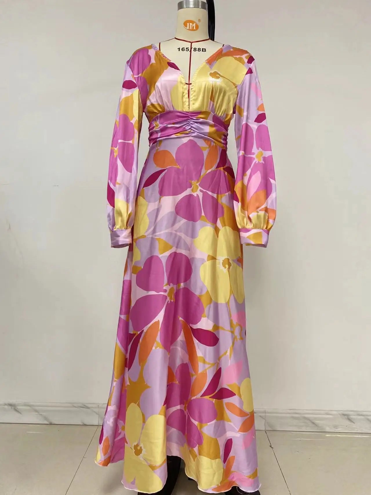 Printed Womens V Neck Lantern Sleeve Long Evening Dress