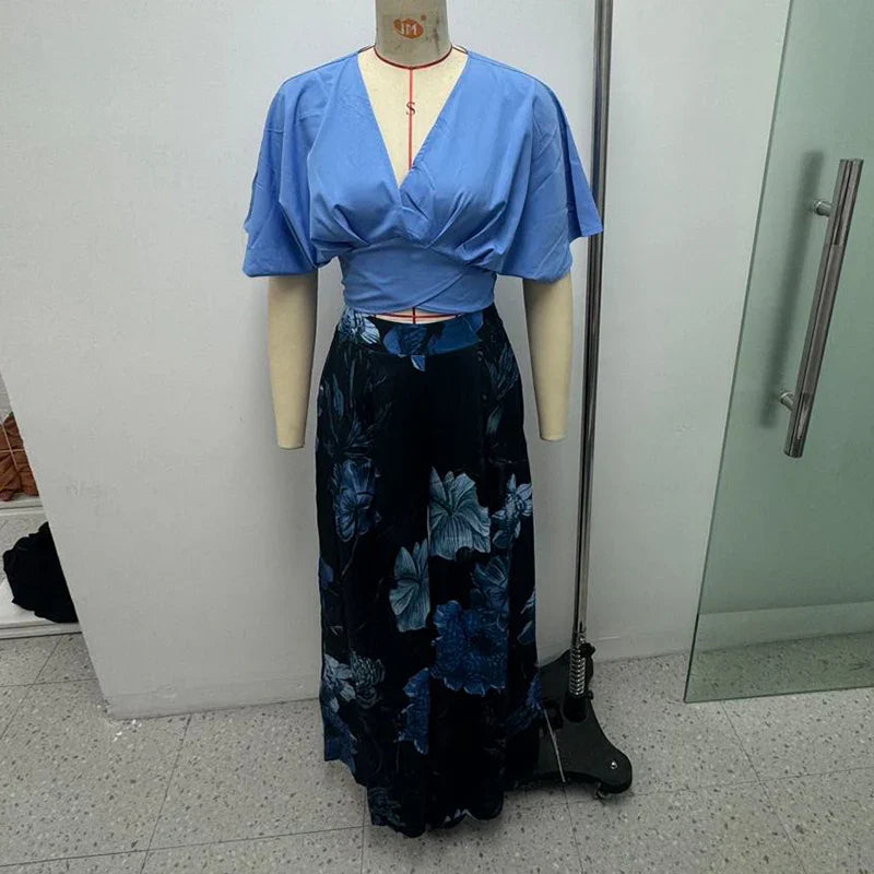 Casual Solid V Neck Short Sleeve Pullover Top and Wide Leg Pant Set for Women