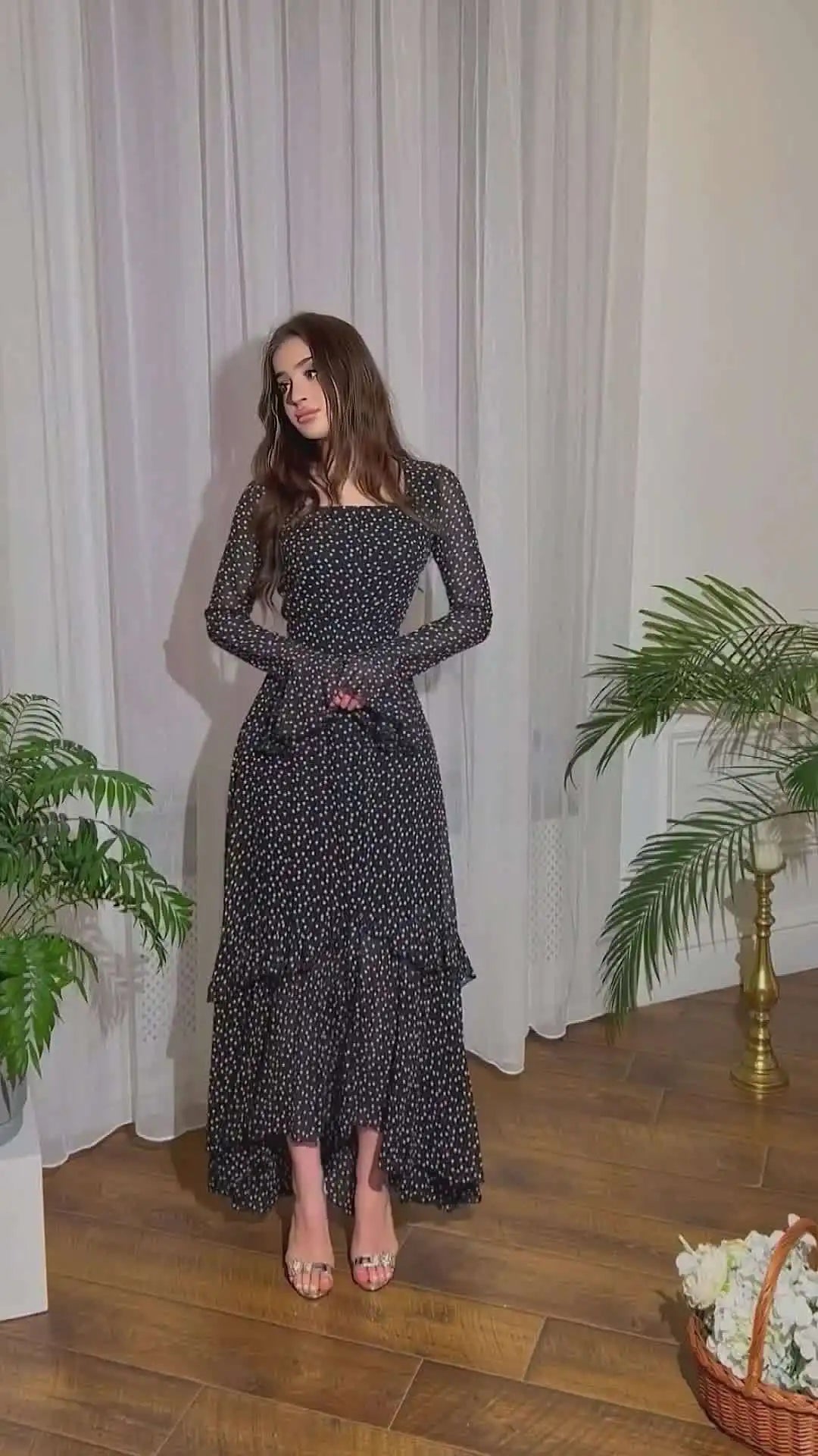 Polka Dot Chiffon Dress With Lotus Sleeve High Waist