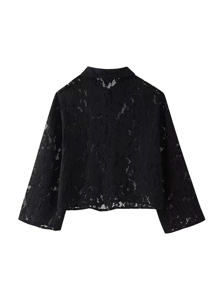 Black Lace Embroidered Short Shirt with Long Sleeves Elegant Autumn and Winter Fashion Top