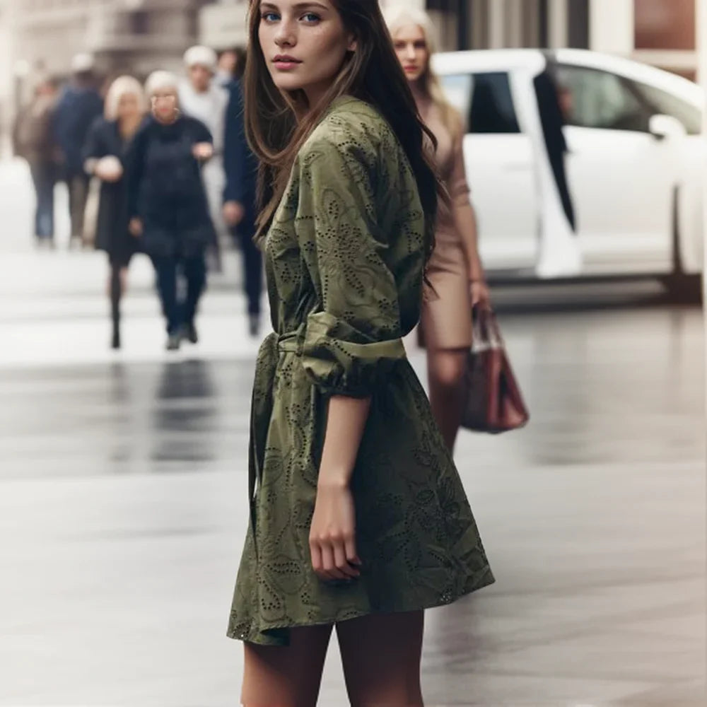 Embroidered Short Dress For Women Elegant Office Casual