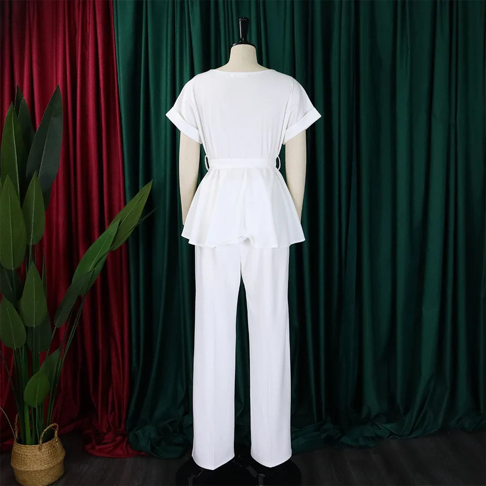Women's Elegant 2 Piece Pants Set with Solid Blouse Short Sleeve O Neck and Long Trousers