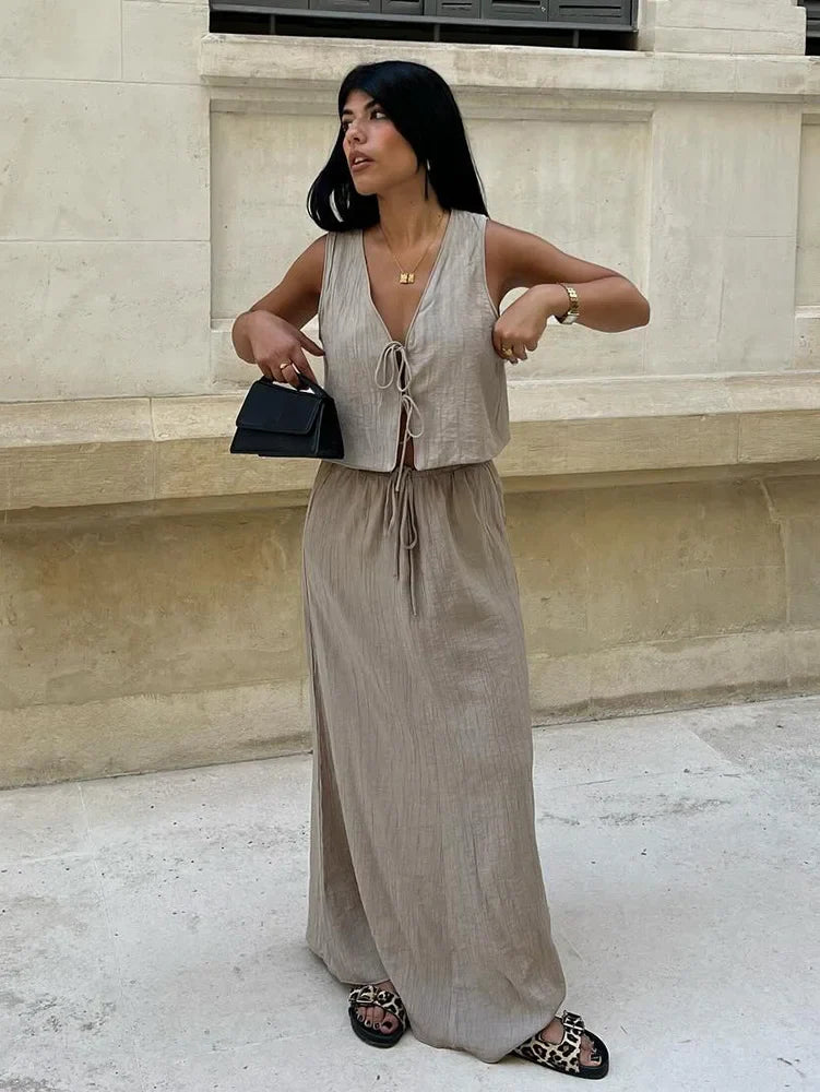 Summer Women's Elegant Solid Color Skirt Set Casual V-neck Bow Lace-Up Sleeveless Crop Vest Top with Loose Drawstring Midi Skirt