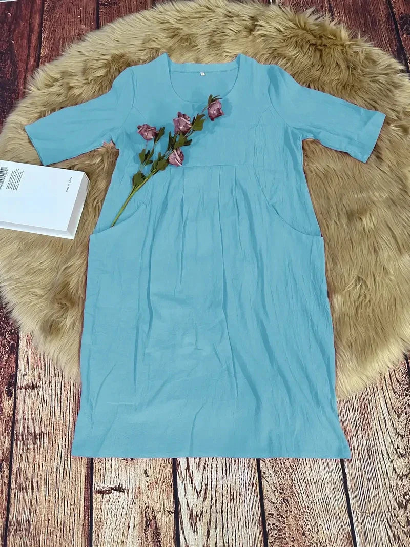 Cotton Lightweight Casual Five Sleeve Dress In Plain Color