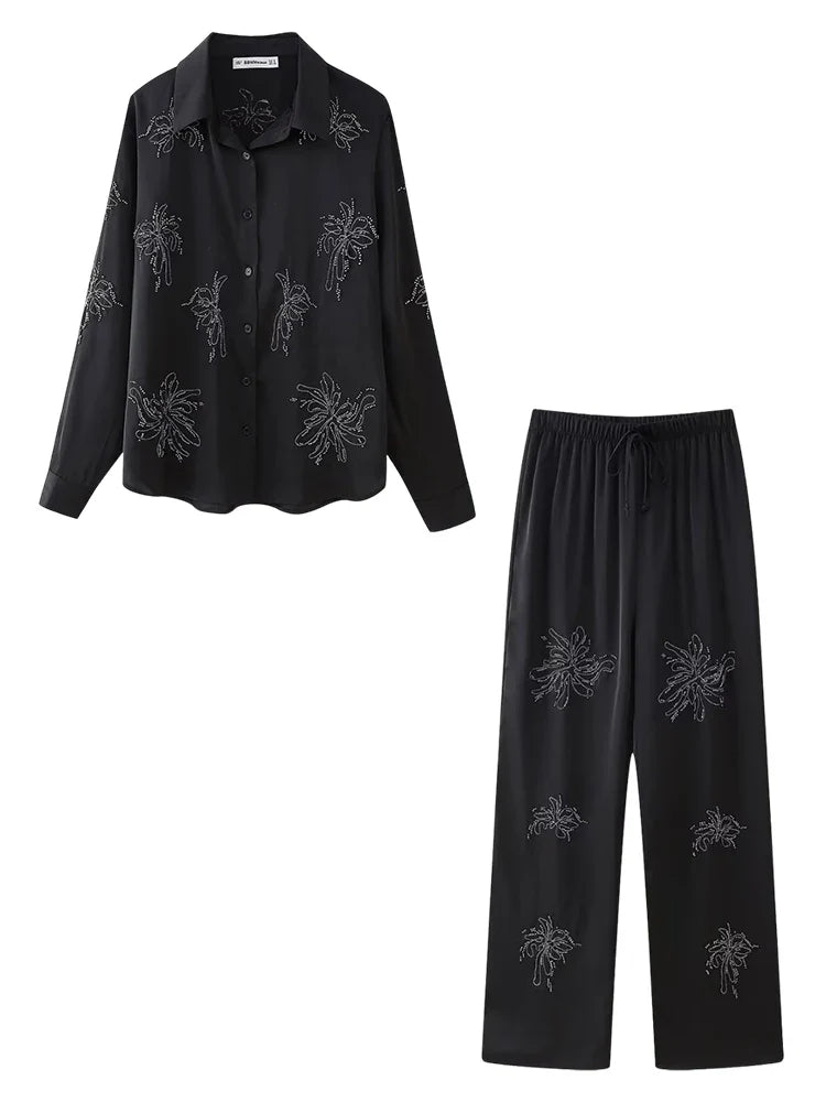 Women's Beaded Embroidery Long Sleeve Shirt and Loose Trousers Set with Lace Up Details