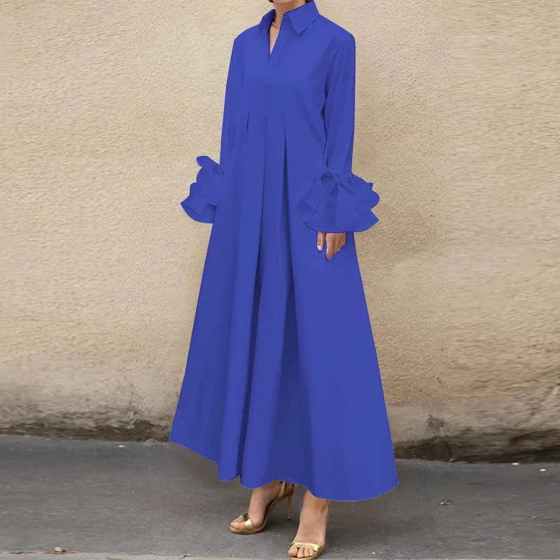 Bohemian Maxi Shirt Dress With Ruffle Pleats Long Sleeve