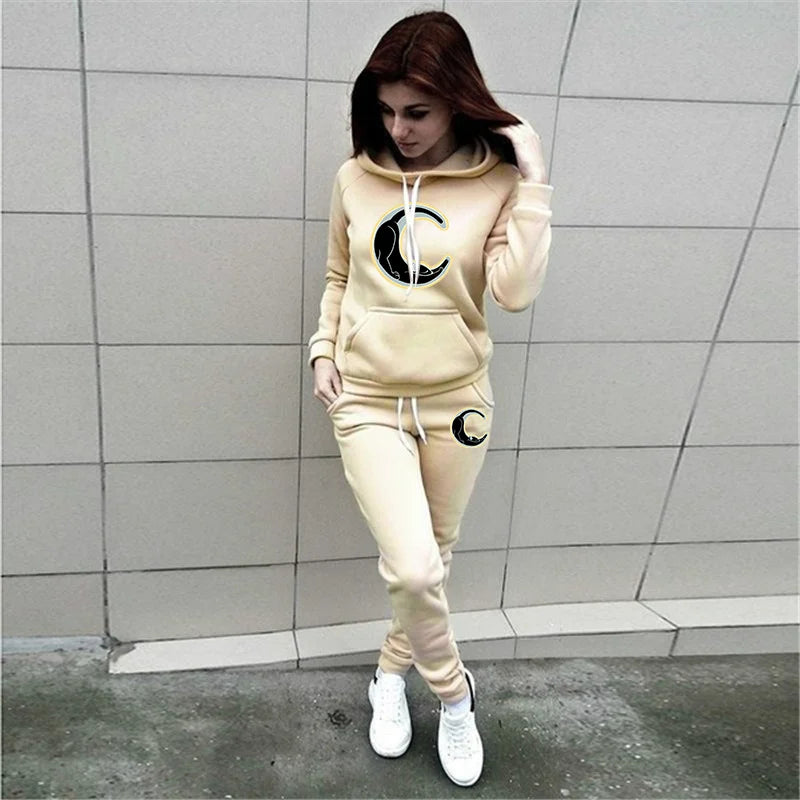 Women's Celestial Cat Print Sweatshirt Hoodie and Pants Casual Sportswear Two Piece Set