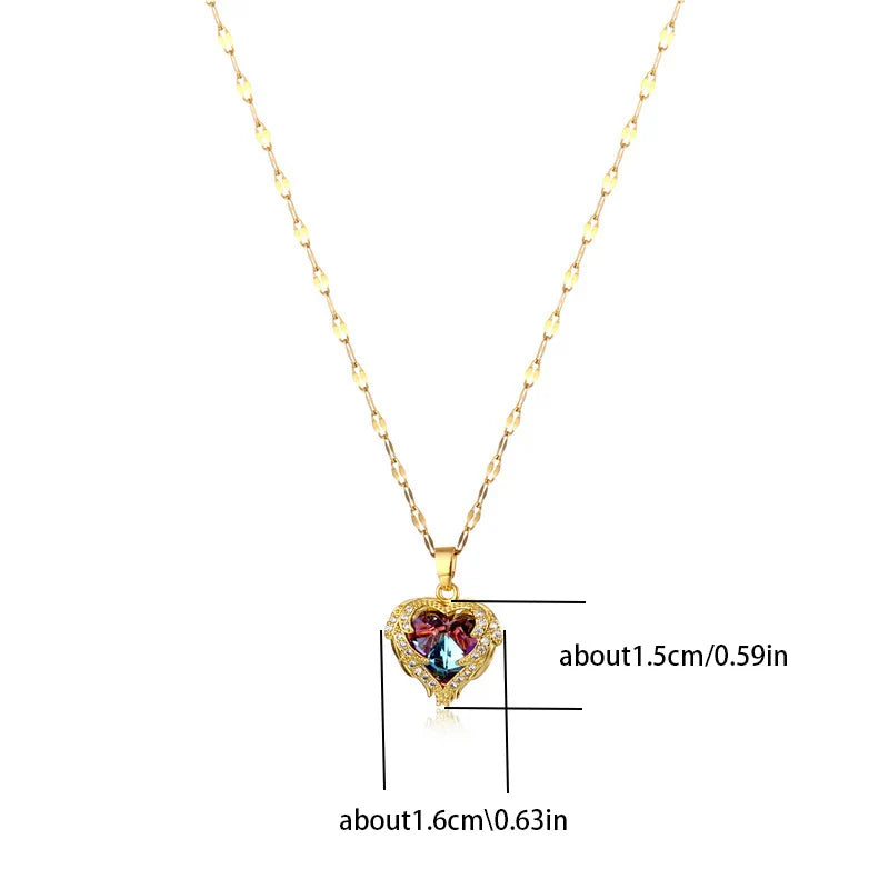 Luxury Colorful Crystal Ocean Heart Pendant Necklace for Women Stainless Steel Jewelry