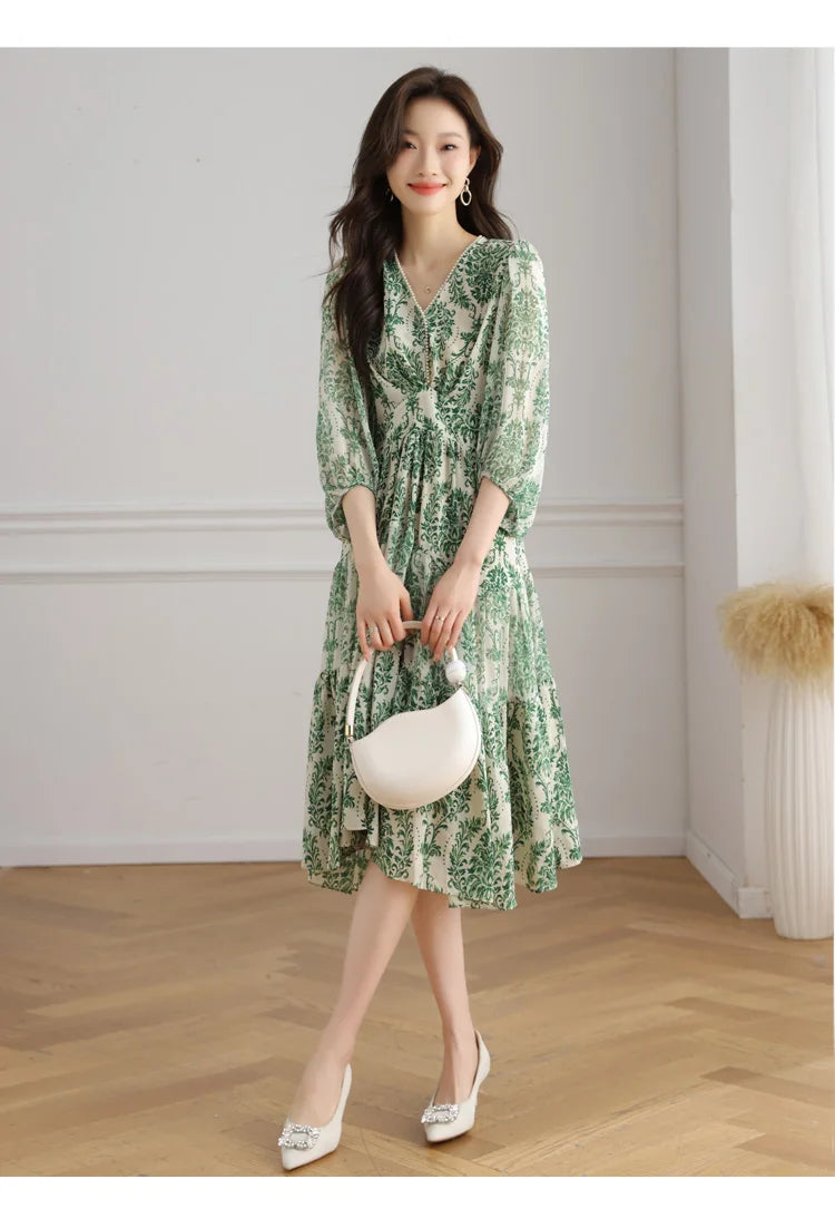Floral Chiffon Dress For Women V Neck A Line Dress