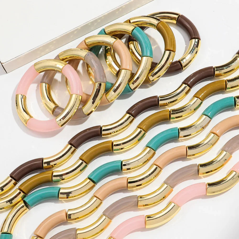 Trendy Handmade Acrylic Bamboo Bead Bracelet Set of 4 Elastic Bangles