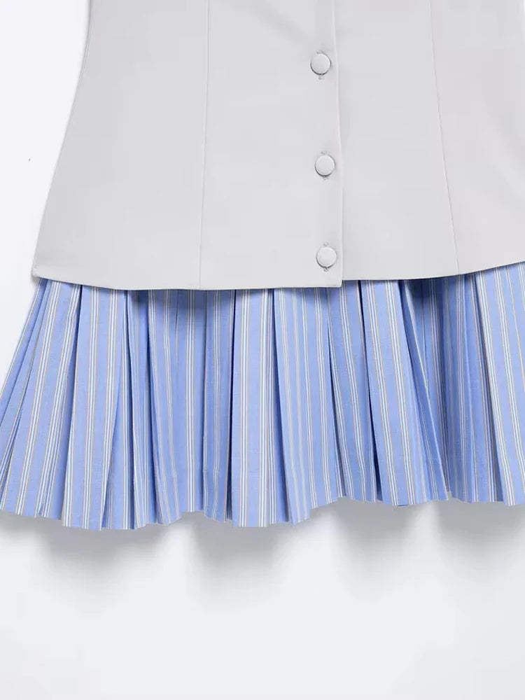 Patchwork Mini Dress With Adjustable Straps Front Buttons