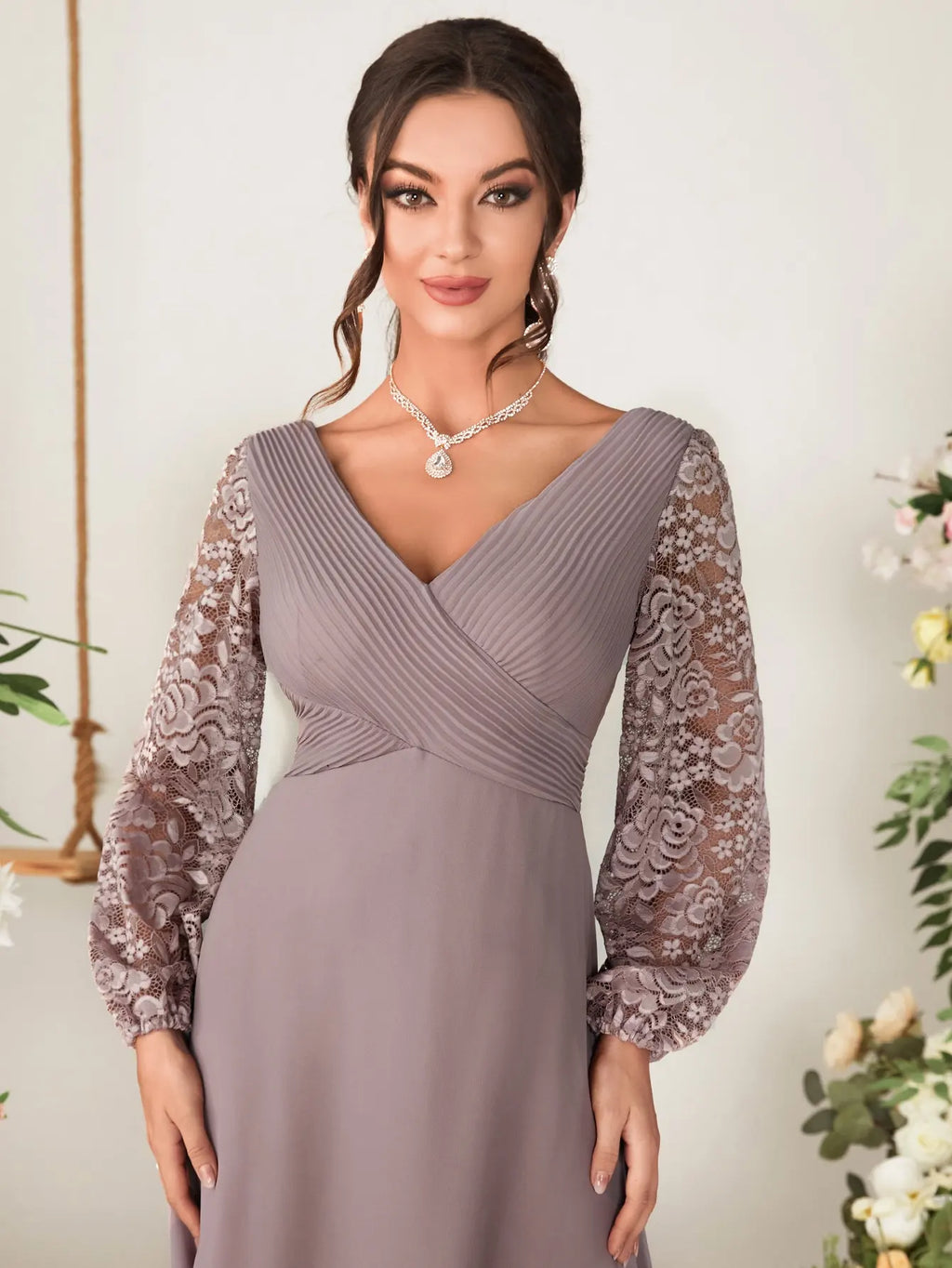 Chiffon Evening Ball Gown With V Neck Lace Patchwork