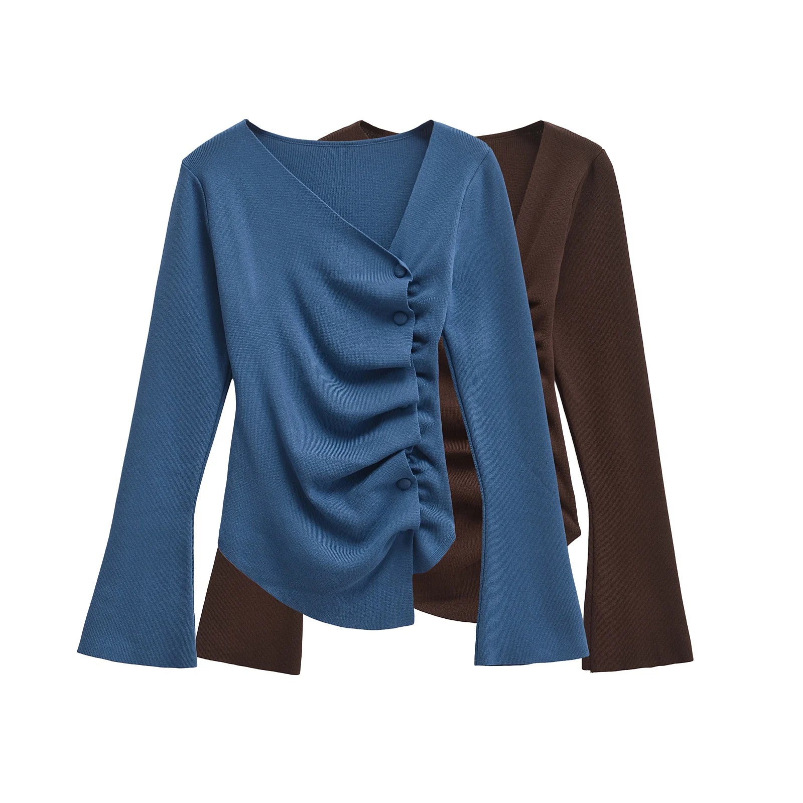 Asymmetrical Blue and Brown Knitted Sweater Women's Pleated Long Sleeve Autumn Knitwear Elegant Fall Top