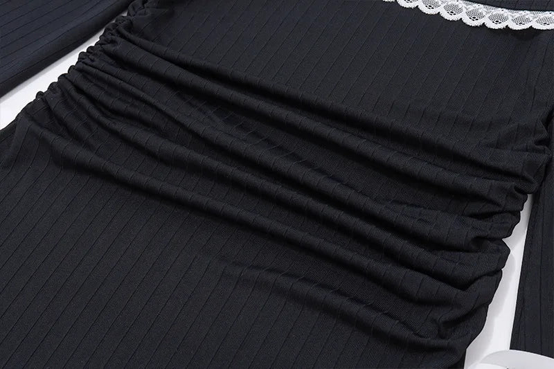 Black Lace Up Long Sleeve Knit Dress For Women Autumn
