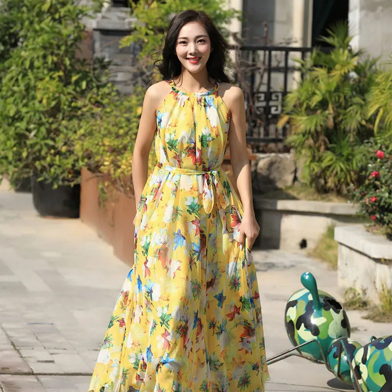 Floral Boho Backless Maxi Dress Women Beach Sundress