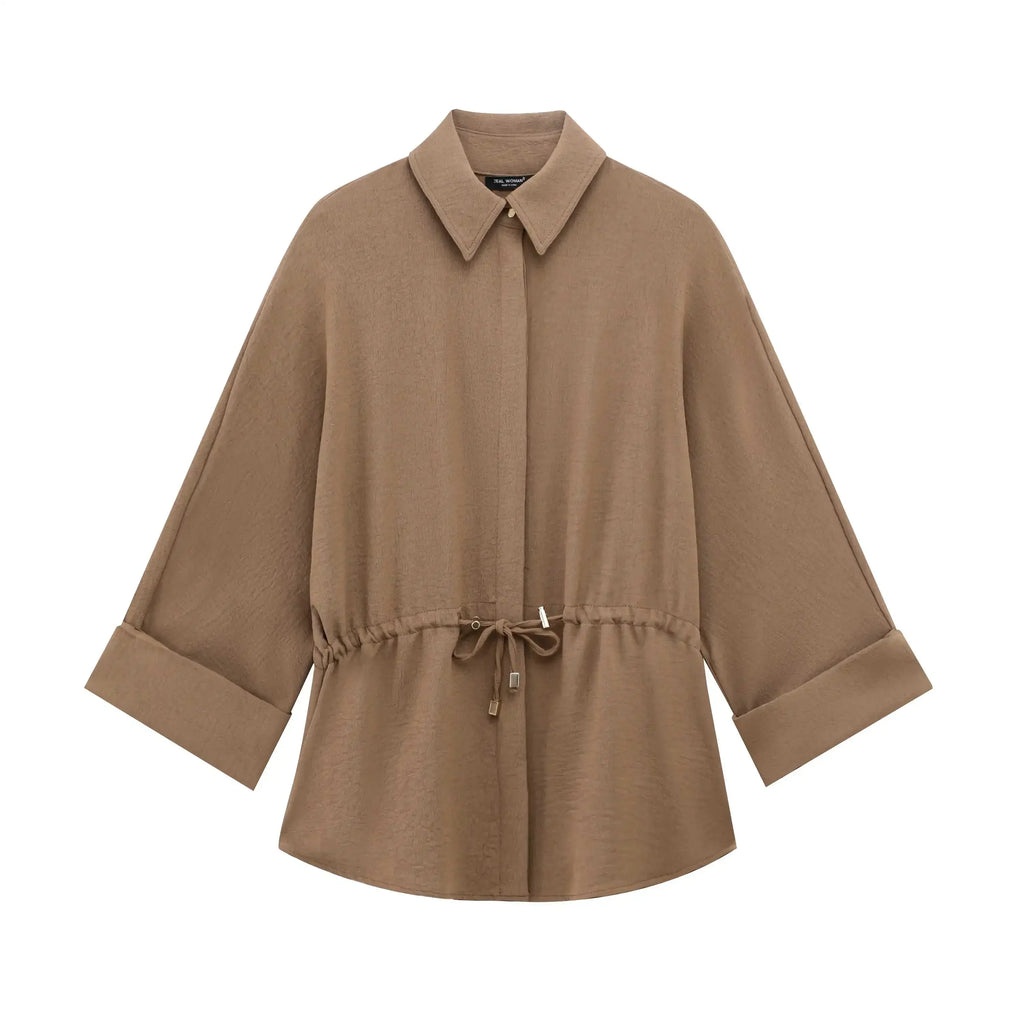 Women's Lace Up Kimono Shirt Top and Elastic Waist Wide Leg Trousers Two Piece Set