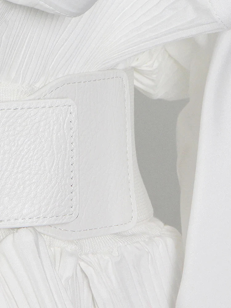 Solid Patchwork Belt Minimalist Women's Shirt Stand Collar Long Sleeve Tunic Spliced Ruffle Casual Blouse