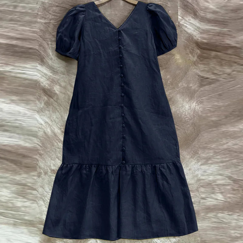 V Neck Puff Sleeve Midi Dress Solid Color Casual Wear