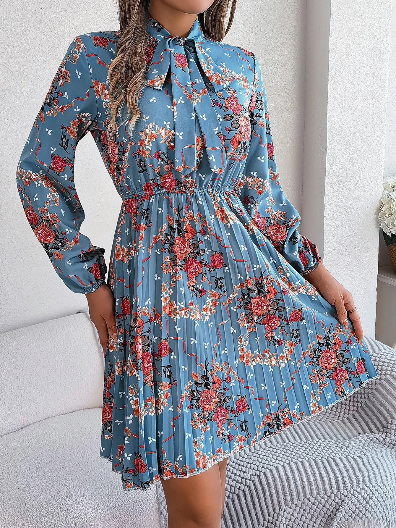 Floral Print Lace Up Long Sleeve Pleated Dress With Bow