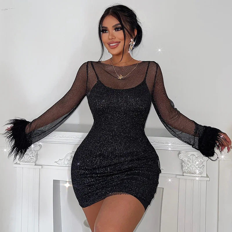 Black Mesh See Through Mini Dress Women Bodycon Clubwear