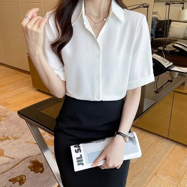 Women's Summer Short Sleeve V-Neck Chiffon Blouse Loose Fit Casual Office Pullover Shirt