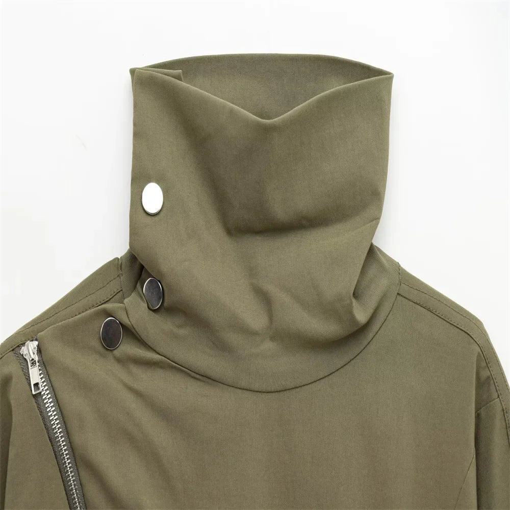 Olive Green Cowl Neck Asymmetric Zip Jacket with Elastic Waist Wide Leg Cargo Pants Set for Trendy Women's Fashion