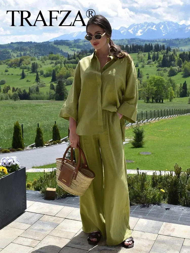 Casual Women's Solid Pant Set with Long Sleeve Blouse and Elastic Waist Trousers Fashion Streetwear Outfit