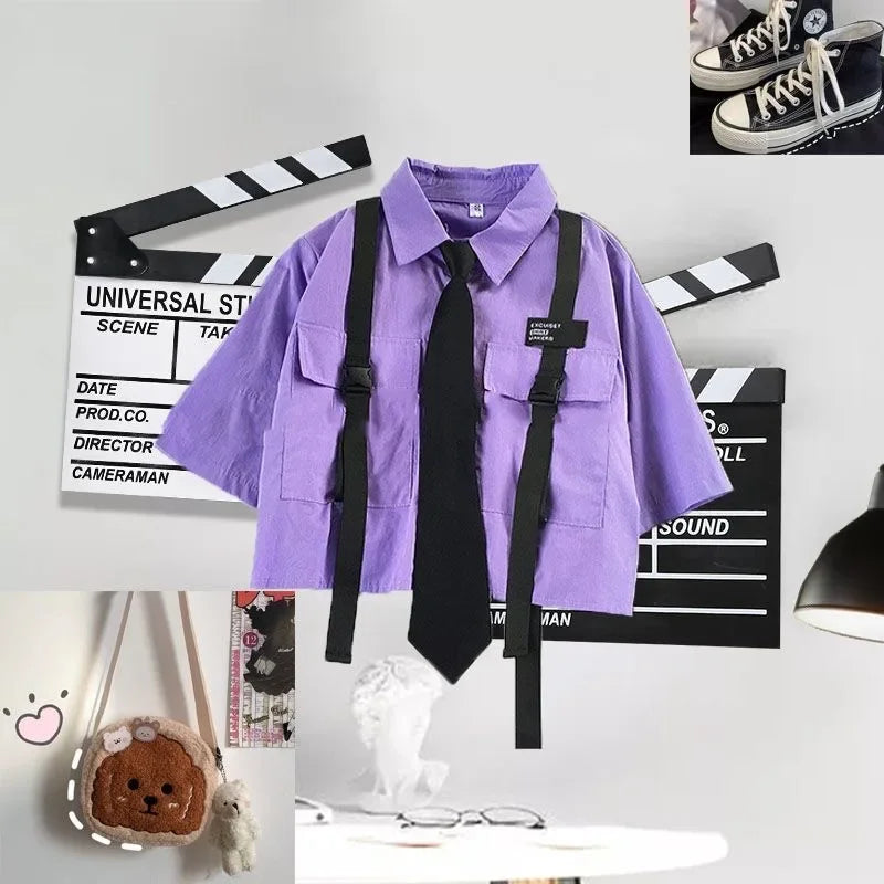 Casual Streetwear Cargo Pants Set with Chain and Harajuku Style Shirt for Women - Two Piece Loose Joggers and Blouse Outfit in Black and White