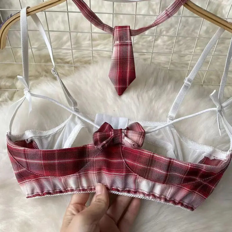 Sexy Schoolgirl Lingerie Set Plaid Necktie Top and Skirt Erotic Cosplay Costume Uniform