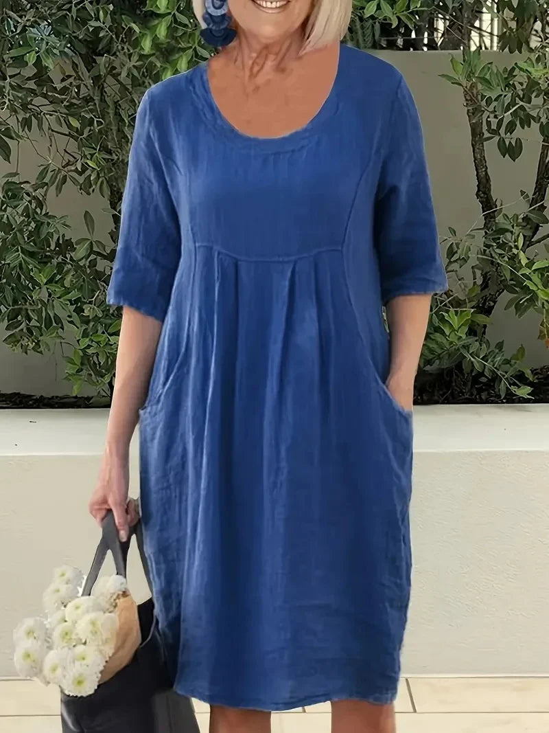 Cotton Lightweight Casual Five Sleeve Dress In Plain Color