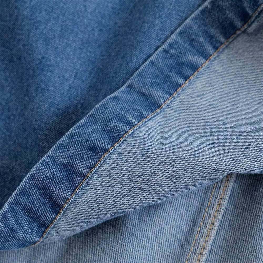 Solid Color V-Neck Loose Denim Pullover Top and High Waist Trousers Set for Women