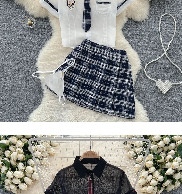 Sexy Preppy Style JK Set for Women Polo Neck See-Through Crop Top Plaid Pleated Short Skirt Student Cosplay Outfit