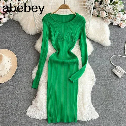 Long Sleeve Knitted Bodycon Dress For Women Autumn Retro